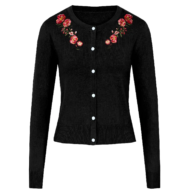 Quick-Dry Wool SweatersWomen's black embroidered floral cardigan sweater