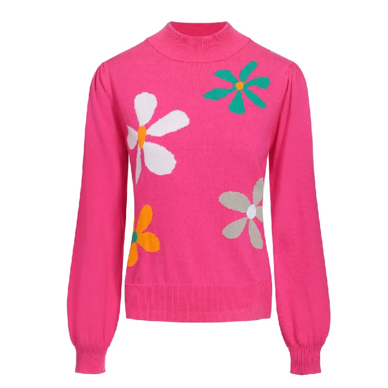 Knitted Crewneck SweatersWomen's rose flower puffy sleeve sweater