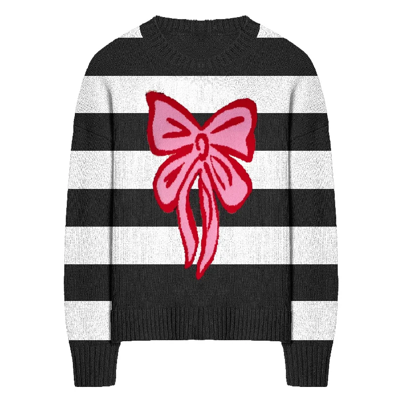 Trendy Pullover SweatersWomen's black striped bow Christmas sweater