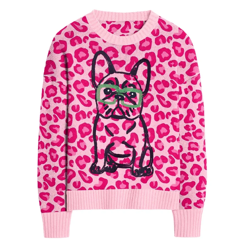 Comfortable Dressy SweatersWomen's pink leopard print French bulldog sweater