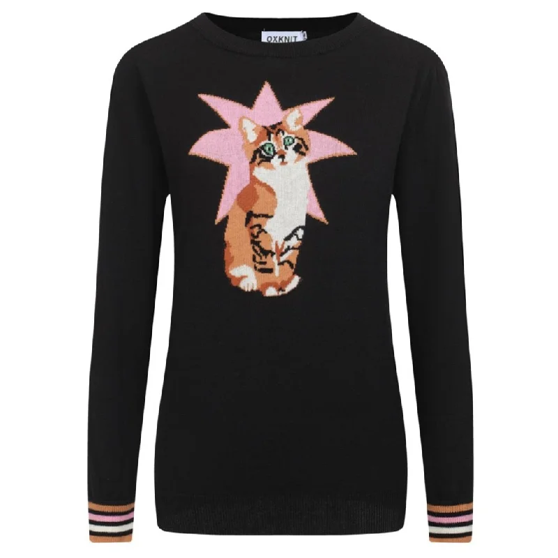 Children's SweatersWomen's black kitten jacquard striped knit sweater