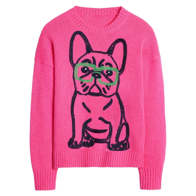 Cashmere SweatersWomen's rose vintage French bulldog sweater