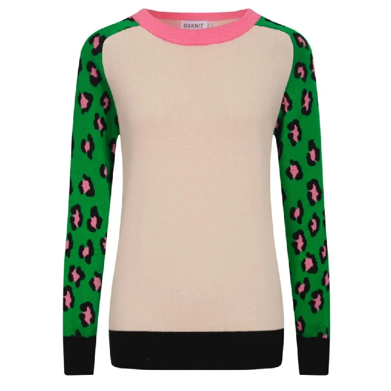 Designer SweatersWomen's green matching leopard-print knit sweater