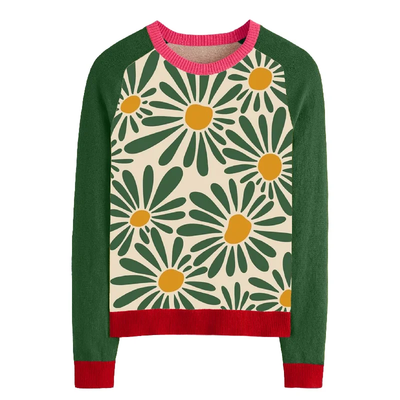 Comfortable SweatersWomen's green sunflower knit sweater