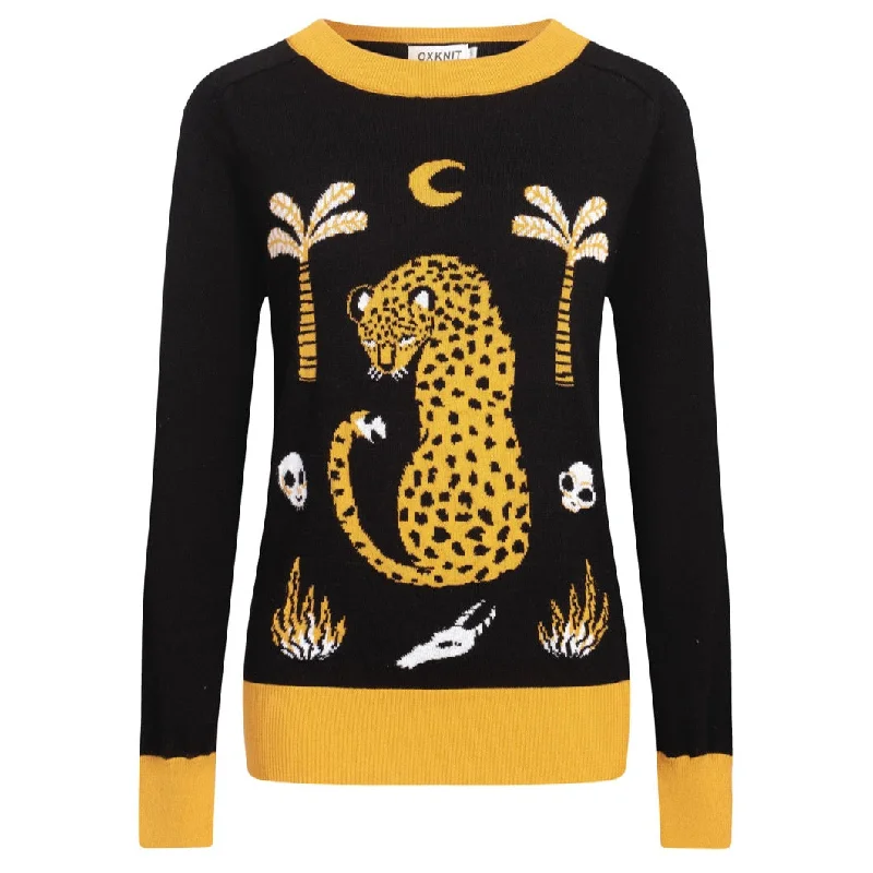 Embellished SweatersWomen's black leopard jacquard vintage sweater