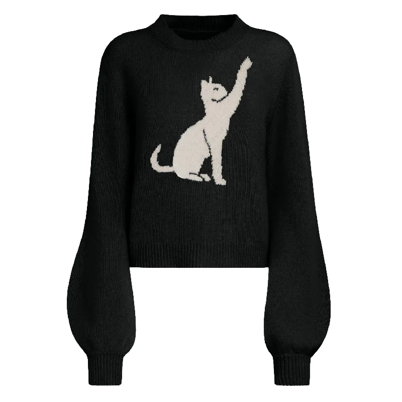 Discounted High-Quality Wool SweatersWomen's black cat jacquard lantern sleeve sweater