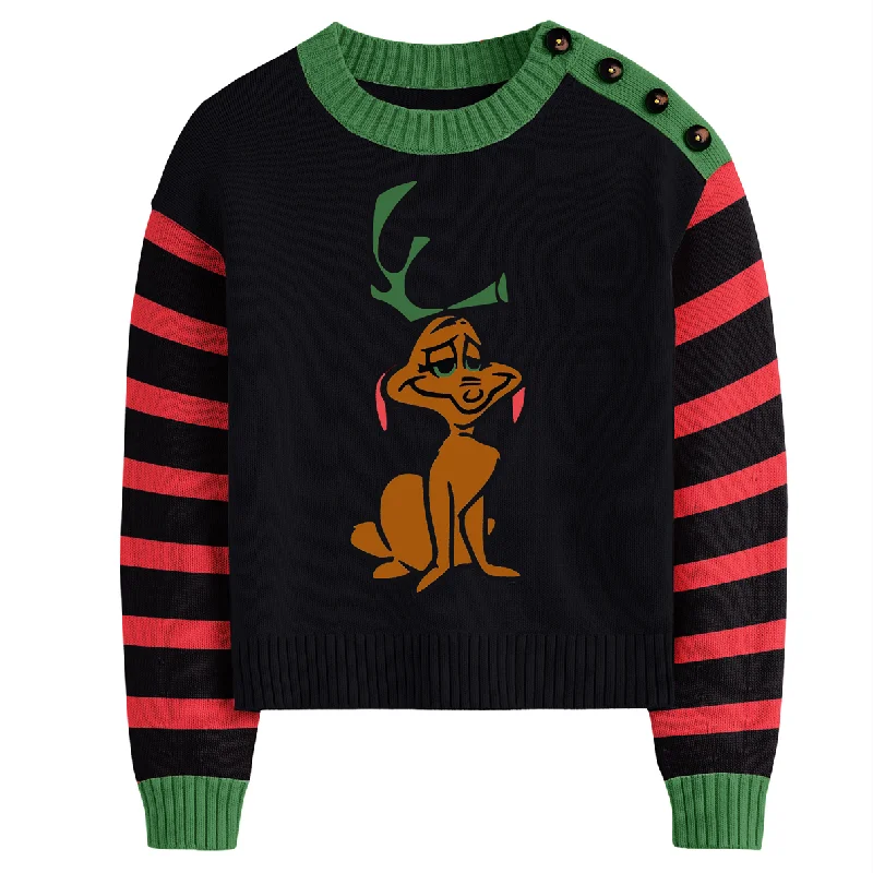 Cozy Embellished SweatersWomen's black striped Christmas Jell sweater