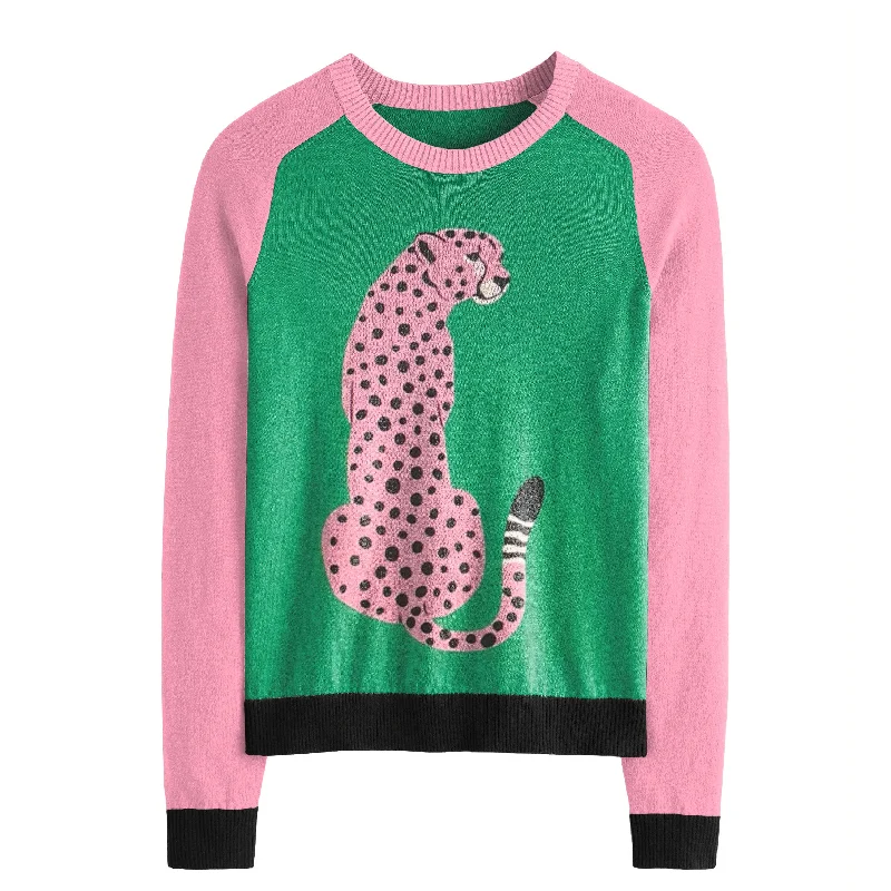 Chunky SweatersWomen's pink tiger jacquard knit sweater