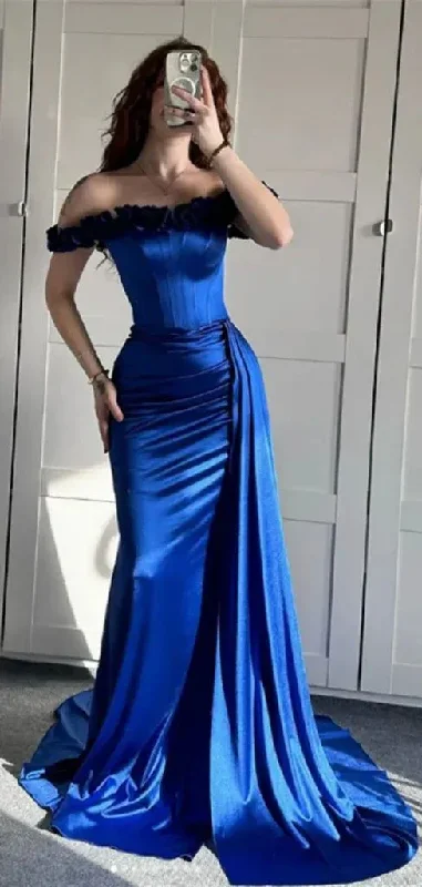 prom dresses for curve-hugging figuresBlue Off The Shoulder Mermaid Evening Dress Formal Prom Dress Y7842