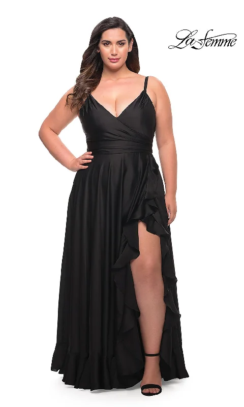 prom dresses with lace appliquésLong Plus-Size La Femme Prom Dress with Ruffle Hem