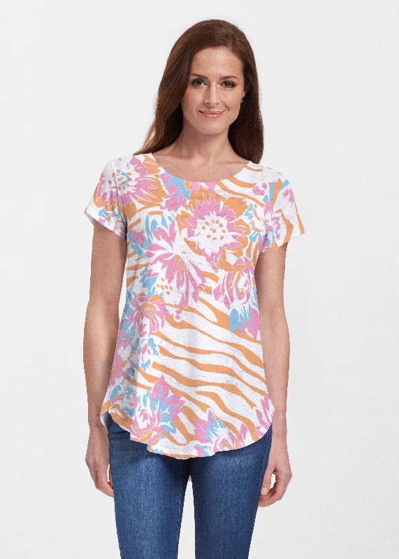 women's tops for wedding guest attireZebra Posy Orange (8119) ~ Short Sleeve Scoop Neck Flowy Tunic