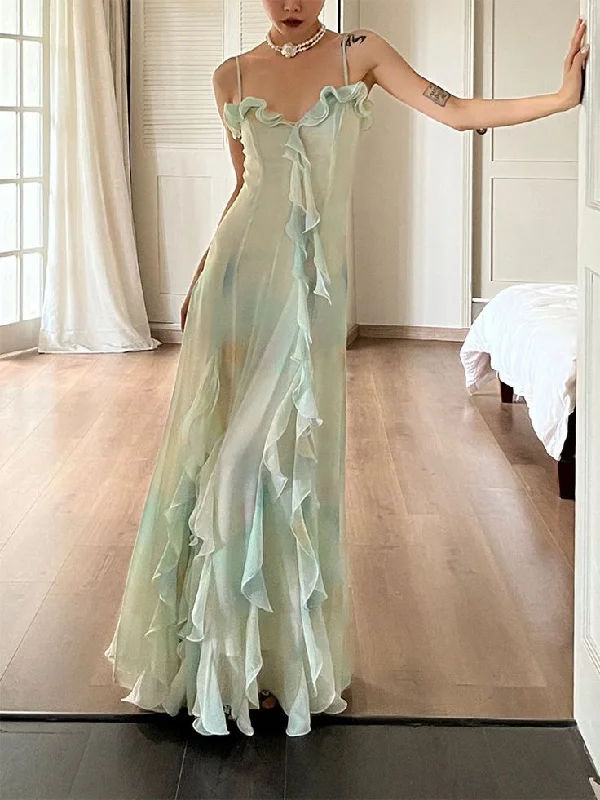 prom dresses for plus-size figuresBeautiful Green Chiffon Layered Ruffle Prom Dress Straps Evening Gown Y7897