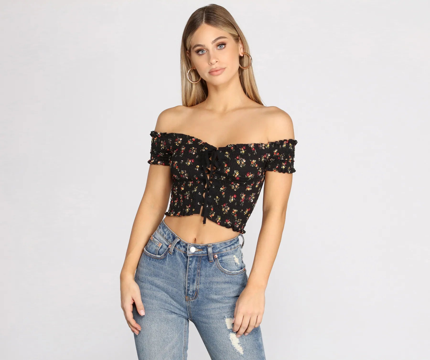 women's tops for those who want to invest in timeless piecesFlower Girl Lace Up Crop Top