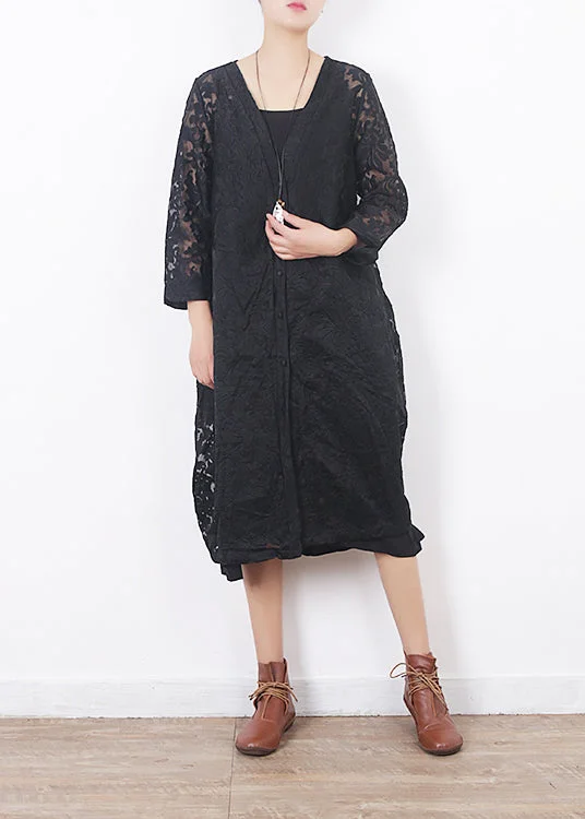 Oversized SweatersFrench black lace clothes For Women Omychic Work Outfits v neck loose summer hollow out cardigan