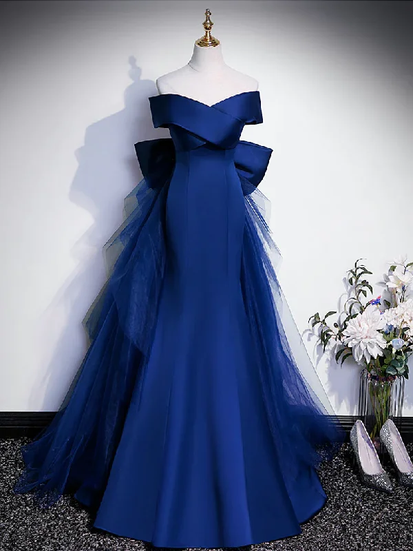 prom dress shopping tipsRoyal Blue Mermaid Satin Long Prom Dress, Off Shoulder Blue Evening Dress Y7429