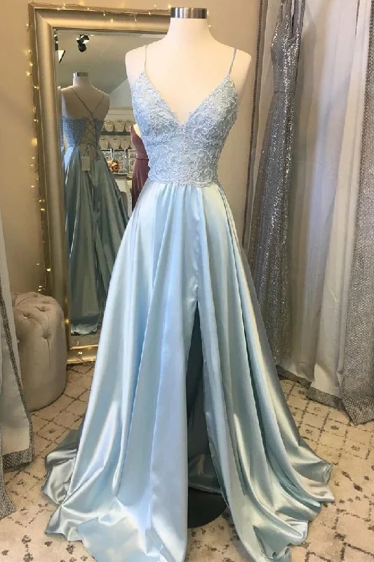 flowy prom dressesLight Blue Lace Lace-Up Back A-Line Prom Dress with Slit Y7424