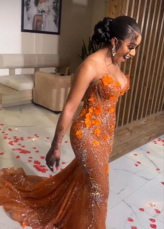 prom dresses with illusion panelsGorgeous Orange Beaded Applique Mermaid Evening Dress Long Prom Dress Y6693