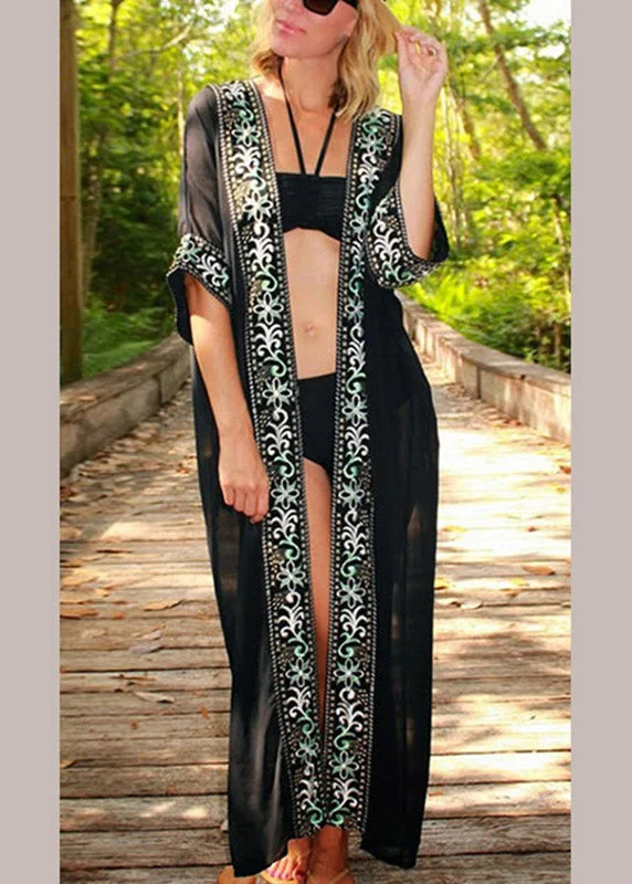 Trendy Pullover SweatersBohemian Black V Neck Print Chiffon Long Beach Cardigans Summer