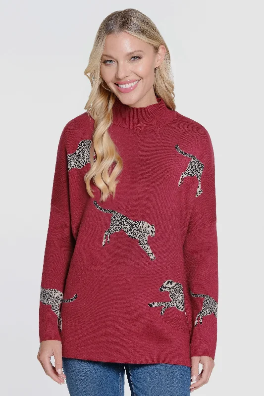 Embellished SweatersJacquard Mock Neck Sweater - Wine