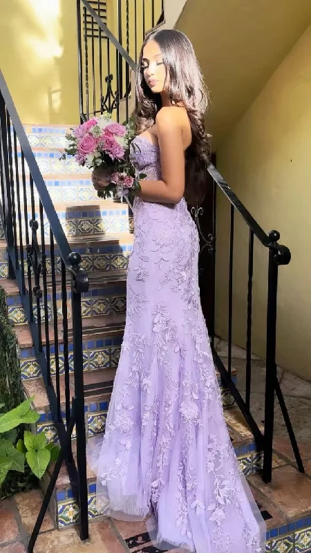 geometric print prom dressesPurple Strapless Tulle Lace Appliques Evening Dress Mermaid Prom Dres Y7910