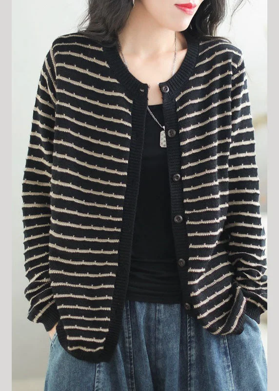 Designer SweatersCasual Black O-Neck Striped Patchwork Button Cozy Cotton Knit Sweaters Coats Fall