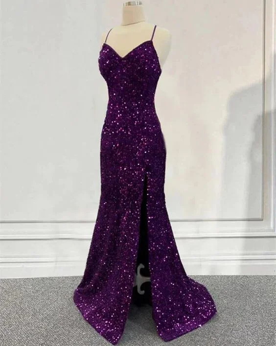 ready-to-wear prom dressesDark Purple Prom Dress Sequin Mermaid Formal Evening Dress Split Y7212