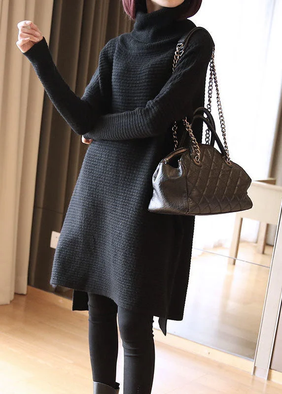 Stylish Trendy Pullover SweatersBlack Loose Knit Long Sweater Turtle Neck Side Open Spring