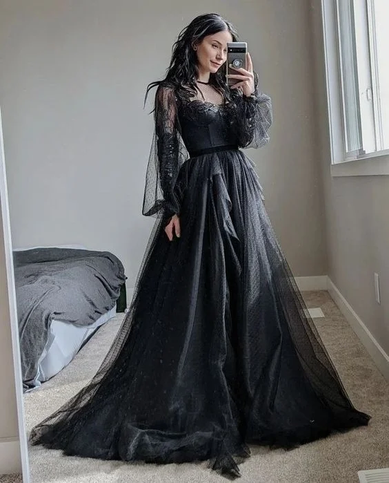 vintage prom dressesElegant A line Long Black Lace Prom Dress Y7360