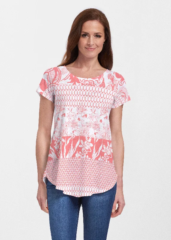 women's tops for statement-making outfitsPatchwork Coral (7900) ~ Short Sleeve Scoop Neck Flowy Tunic