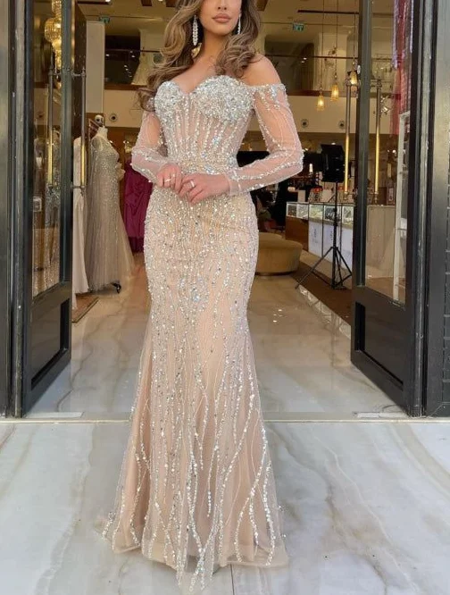 metallic prom dressesLuxury Sweetheart Long Strapless Beading Tulle Prom Dress Mermaid Evening Gown Y7629