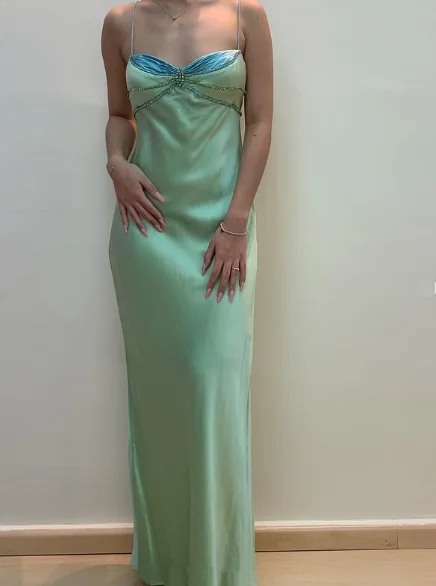 prom dress style guidesSexy Spaghetti Straps Green Satin Beaded Prom Evening Dress Y7757