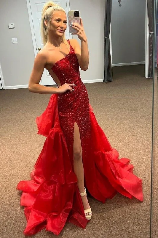 prom dress fitting adviceRed One Shoulder Mermaid Slit Sequins Long Prom Dress Formal Evening Gown Y7884