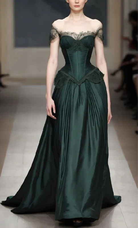 affordable prom dressesVintage Green Off Shoulder Lace Satin Evening Dress Formal Prom Dress Y7810