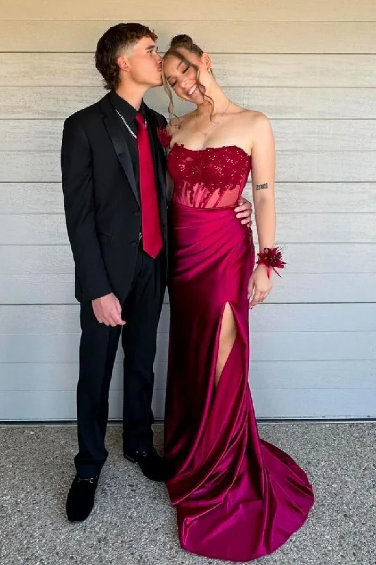 prom dress color trendsCharming Strapless Burgundy Lace Appliques Long Prom Dress Slit Mermaid Evening Gown Y7883