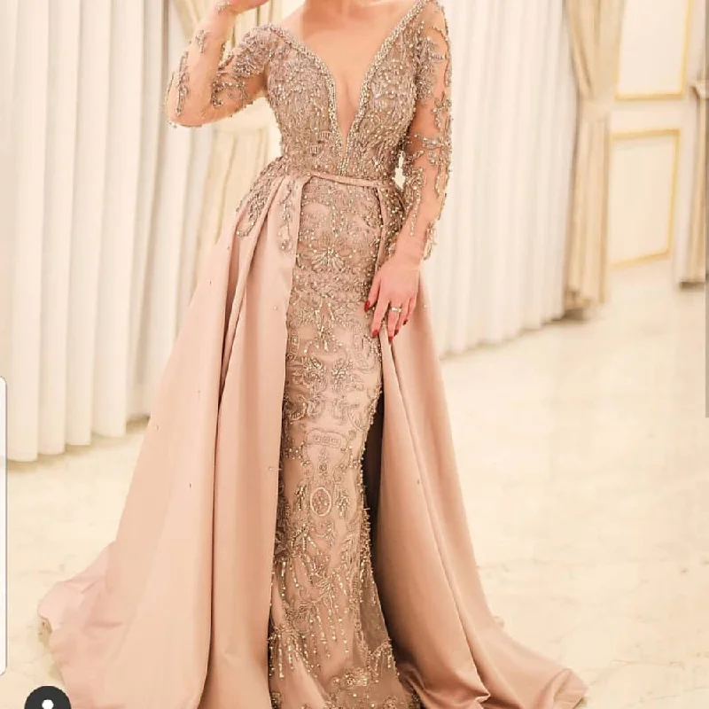 prom dresses with trainsChampagne prom dresses,long sleeve beading sequins detachable train crystal beading evening dresses S23375