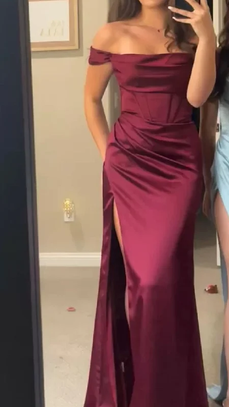 prom dress alterationsBurgundy Satin Off The Shoulder Slit Prom Dress Evening Dress Y7831