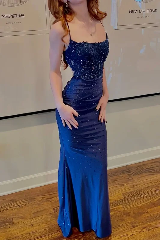 vintage prom dressesSexy Blue Spaghetti Straps Appliques Mermaid Slit Evening Dress Prom Dress Y7827