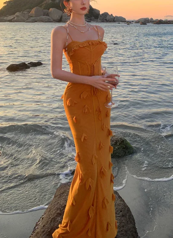 prom dress color trendsUnique Spaghetti Straps Orange Mermaid Evening Dress Formal Prom Dress Y7999