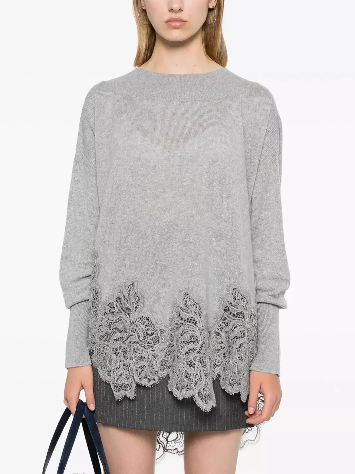 Quick-Dry Wool SweatersLace-Hem Cashmere Sweater in Grey