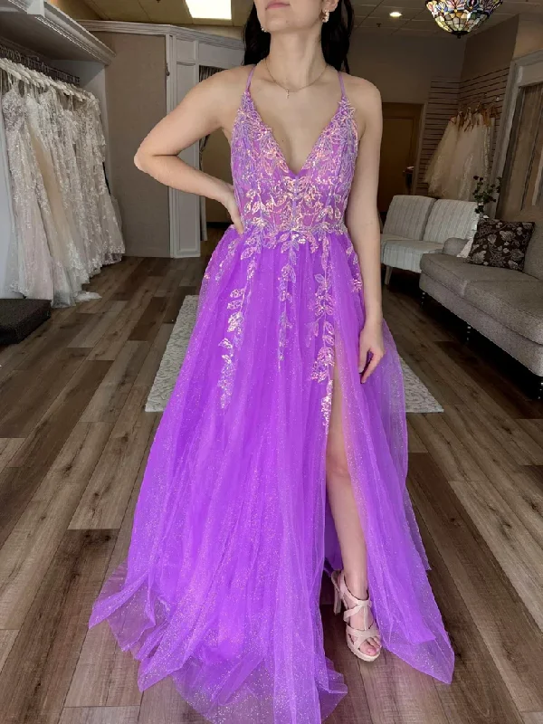 illusion neckline prom dressesPurple V Neck Tulle Lace Appliques Long Prom Dress, High Slit Evening Dress Y7847