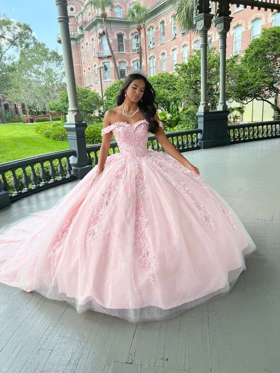 flowy prom dressesPretty Pink Tulle Appliques Prom Dress Quinceanera Dress Brithday Ball Gown  Y7476