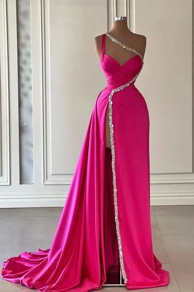 prom dresses for short girlsGorgeous One Shoulder Satin Beaded Long Prom Dress Slit Evening Dress Y7692