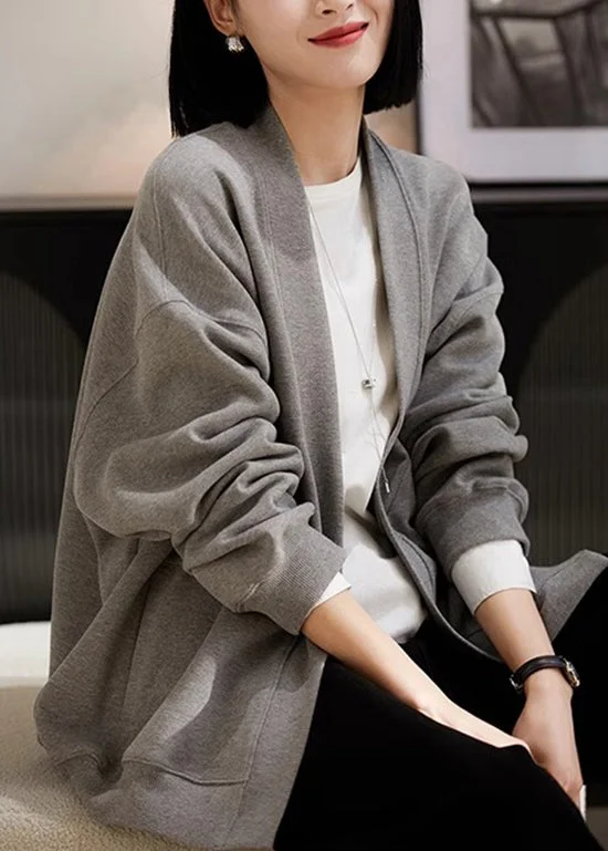 Knitted SweatersSimple Style Grey V Neck Pockets Cotton Cardigans Spring