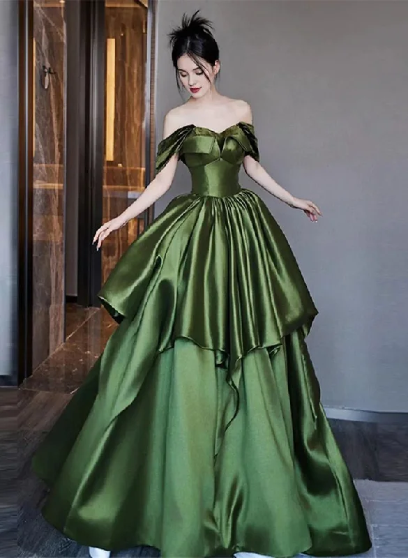 modern prom dressesBeautiful Ruched Layered Formal Prom Dress A Line Green Satin Long Ball Gown Evening Dress Y7995