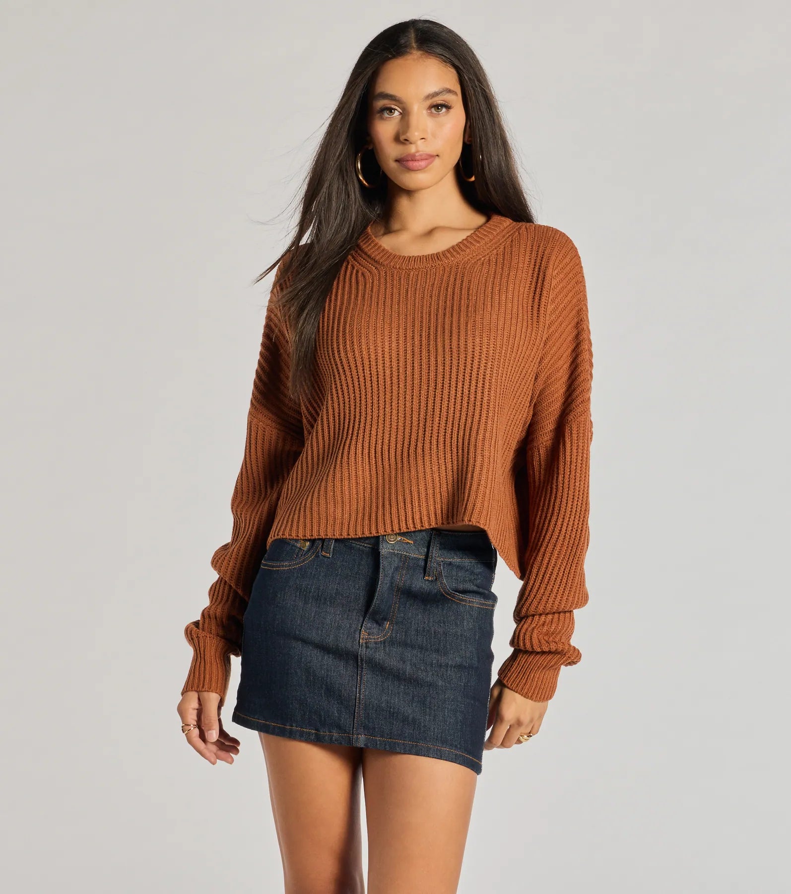 Plus-Size Flannel SweatersChic Crew Ribbed Knit Sweater