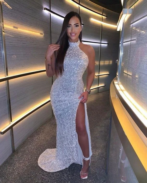 high-slit prom dressesGlamorous Mermaid Halter White Sequin Long Prom Evening Dress with Split S24242