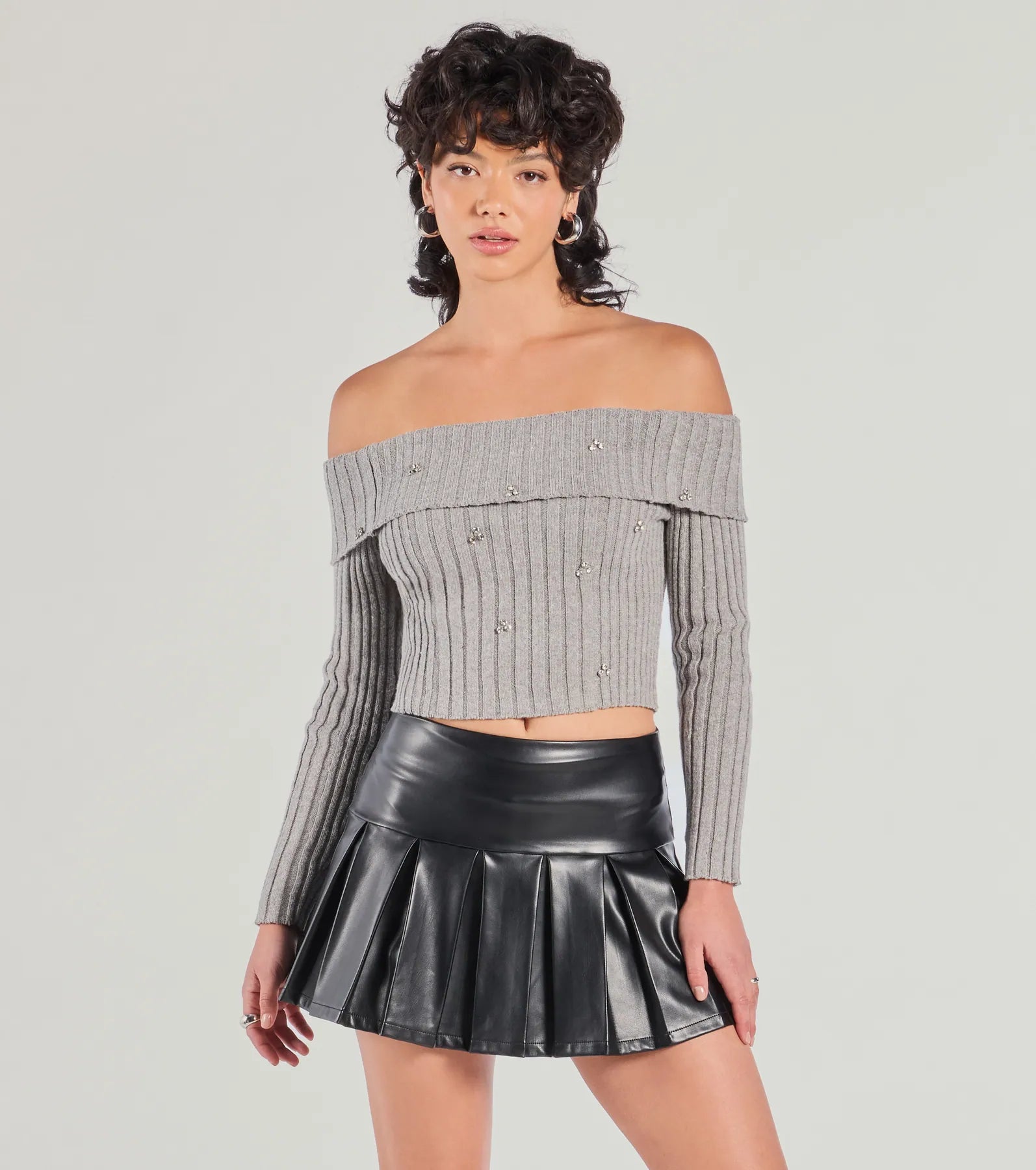 Soft SweatersCozy Glitz Off-The-Shoulder Rhinestone Sweater