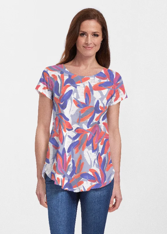 women's tops with cold-shoulder cuts and lace detailingColorful Palm Blue (7901) ~ Short Sleeve Scoop Neck Flowy Tunic