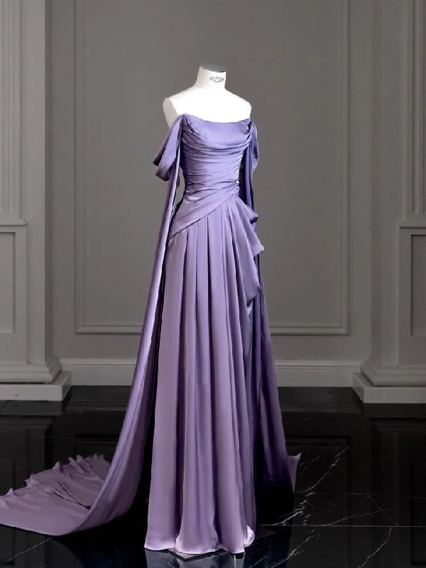 prom dresses with lace appliquésModest Purple Satin Long Prom Dress,Purple Evening Dress  Y2589