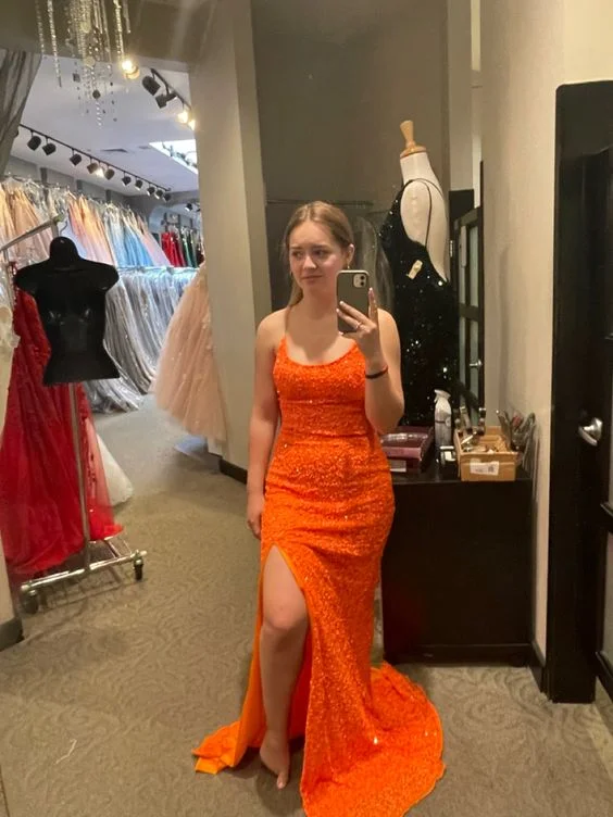 thigh-high slit prom dressesSparkly Orange Prom Dresses Sleeveless Sequined Slit Evening Gown Y7012